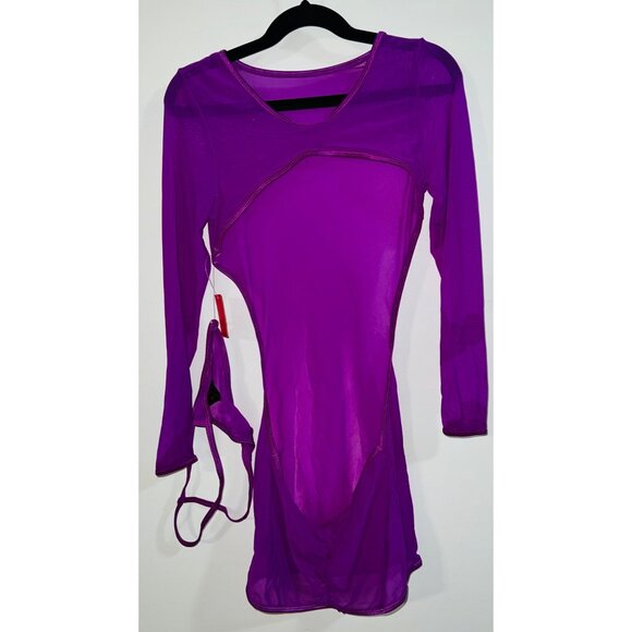 Purple Sheer Mesh Womens Dress With Long Sleeves back Cutout & Matching Thong - Picture 2 of 2